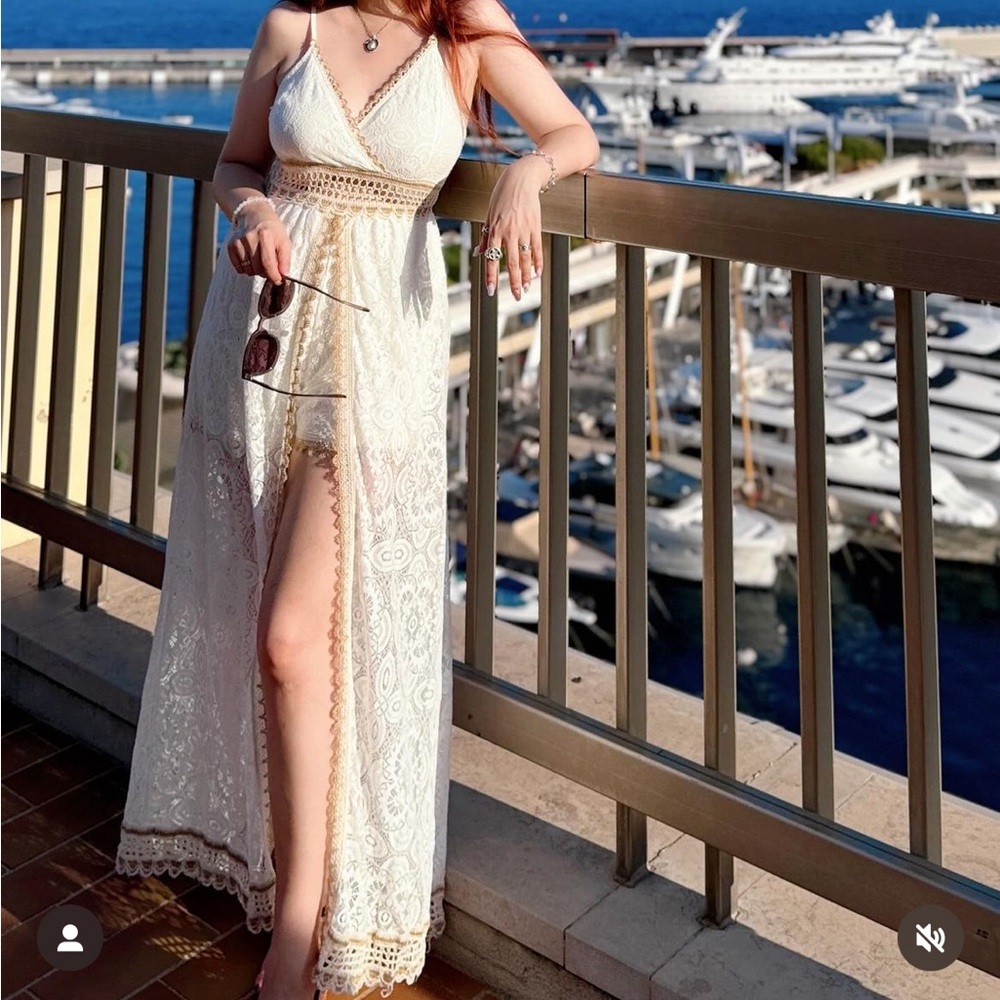 Crochet Jumpsuit Beach romper with shawl white lace boho size small